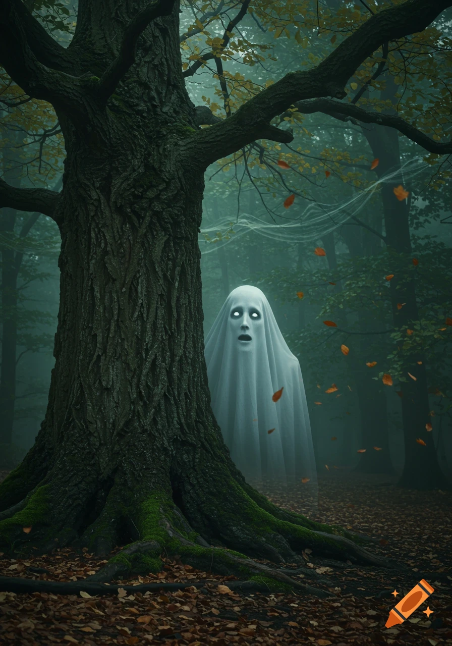 A white sheet ghost with glowing eyes peeks from behind a mossy tree in a misty autumn forest with falling leaves.