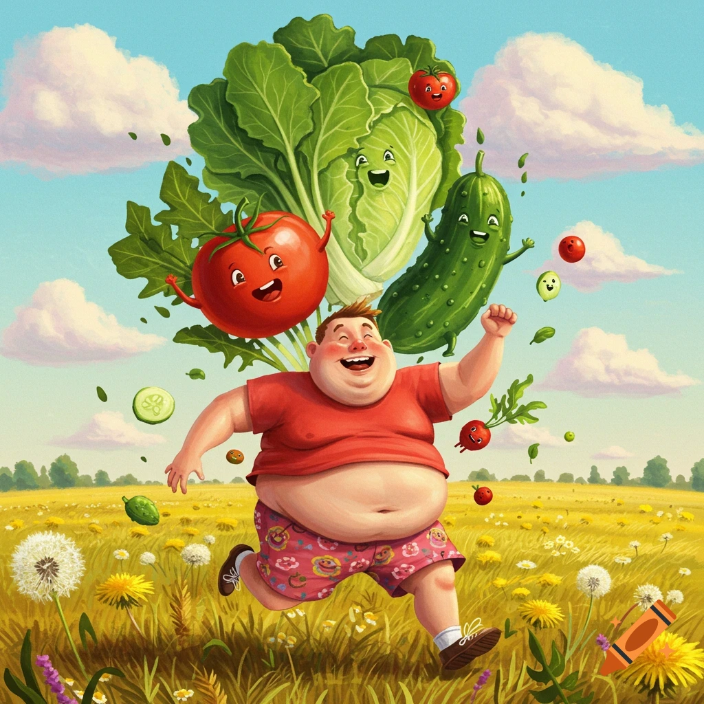 A cheerful, cartoonish overweight man in a red shirt and patterned shorts runs through a sunny field, surrounded by smiling, floating vegetables.