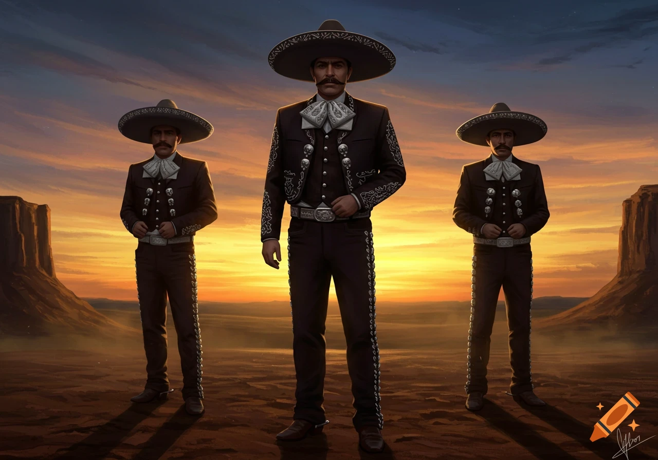 Three men in black charro suits and sombreros stand in a desert landscape at sunset, digital painting.