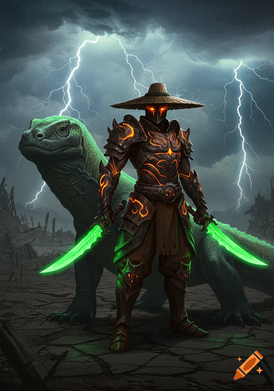 A fantasy warrior in glowing black and orange armor and a straw hat holds two glowing green daggers, standing beside a large glowing green Komodo dragon under a stormy, lightning-filled sky in a dystopian wasteland.