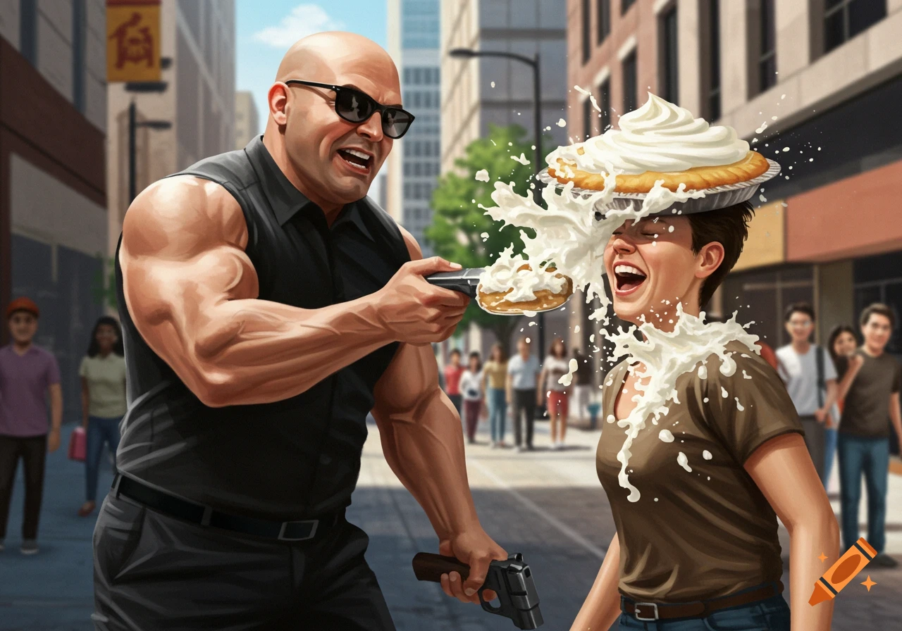 A bald, muscular man in sunglasses hits a laughing woman in the face with a whipped cream pie on a city street, digital art.