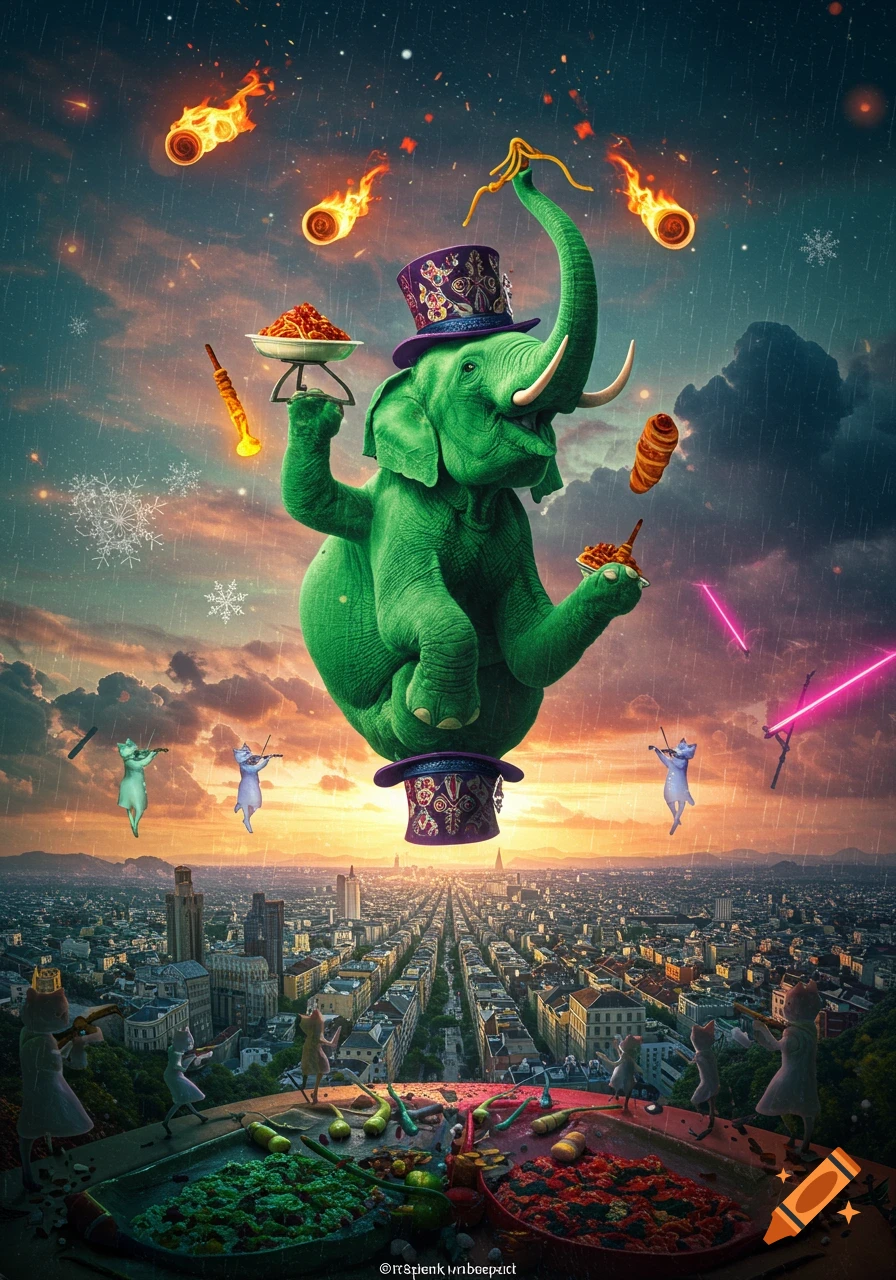 A neon green elephant in a top hat balances on one leg above a city, juggling fiery comets and food, with tiny cats playing violins in the rainy, sunset sky.