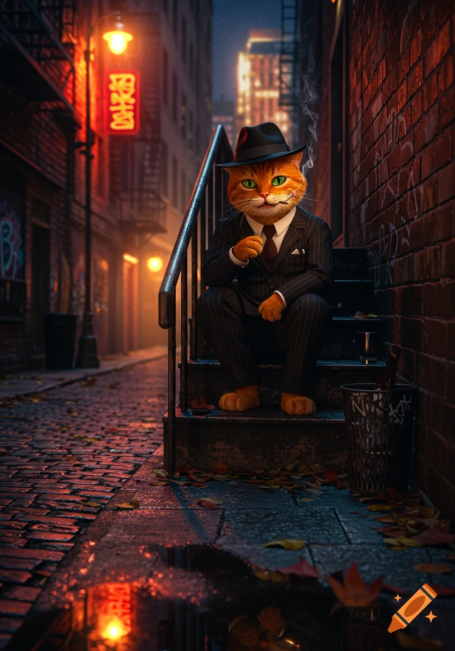 Photorealistic image of an orange anthropomorphic cat in a pinstripe suit and fedora, smoking, sitting on a stoop in a dark, wet urban alley.