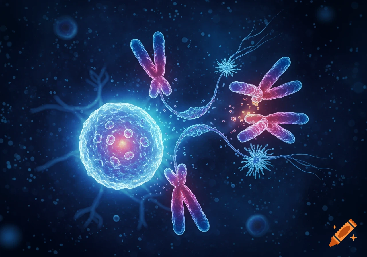 A vibrant blue and purple microscopic illustration of a cell undergoing mitosis, with chromosomes and spindle fibers clearly visible.