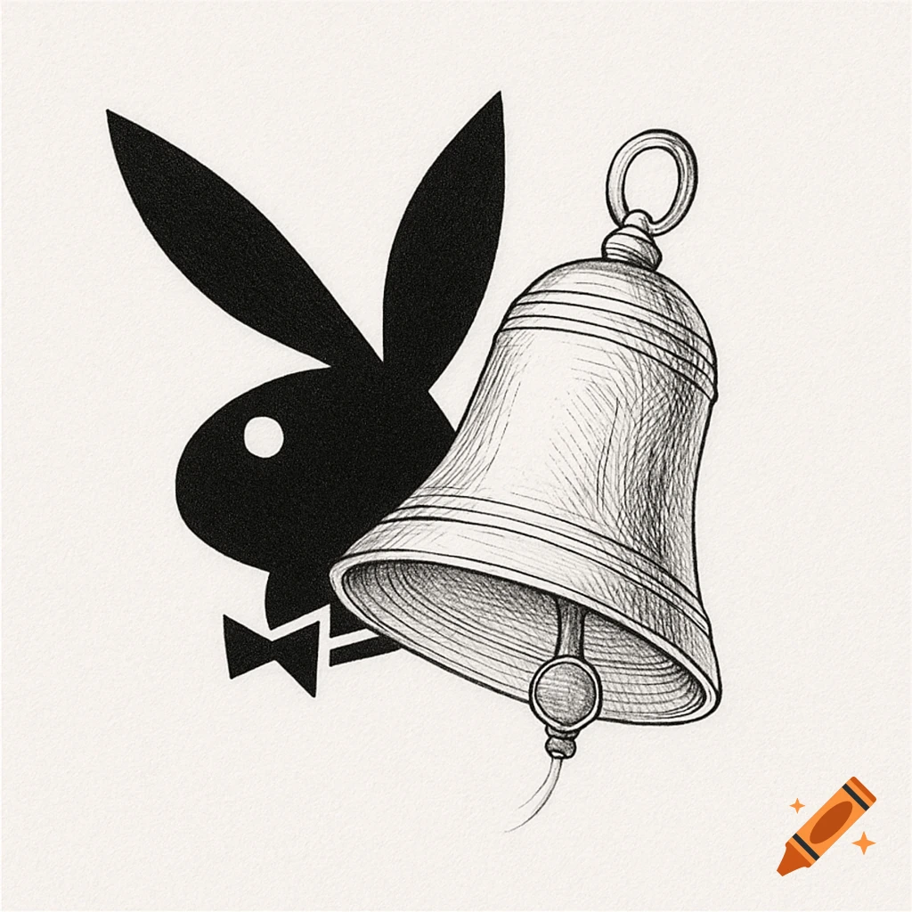 Fine line sketch of a bell partially obscuring the black silhouette of the Playboy bunny logo.