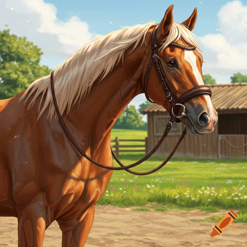 A brown horse with a white mane and bridle stands in a green field with a wooden barn in the background under a blue sky.