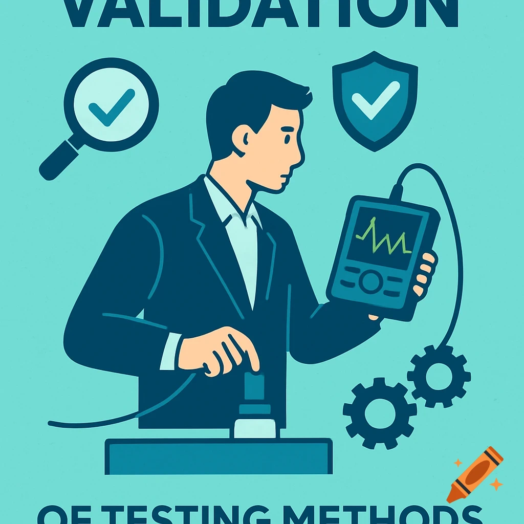 Flat-style illustration of an engineer using an ultrasonic device for testing, with text 'Validation of testing methods'.