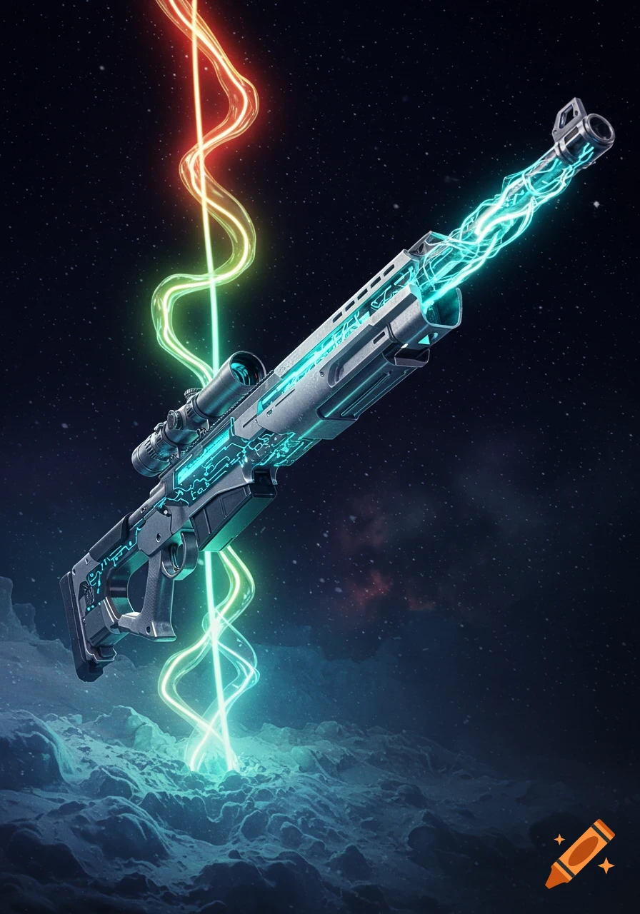 A stylized futuristic sniper rifle with glowing energy beams against a starry night sky and rocky alien ground.