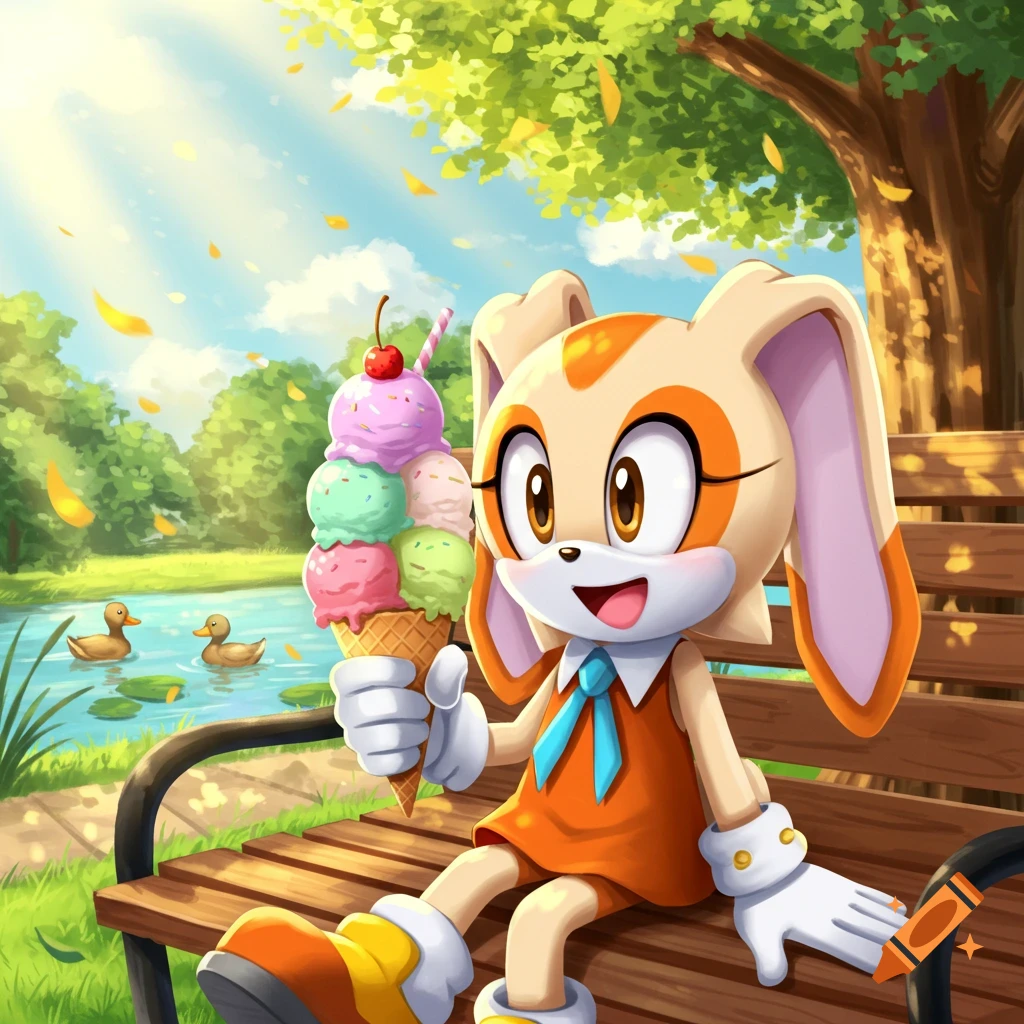Cream the Rabbit, a cartoon bunny, sits on a park bench holding a huge multi-scoop ice cream cone; ducks swim in a pond behind her.