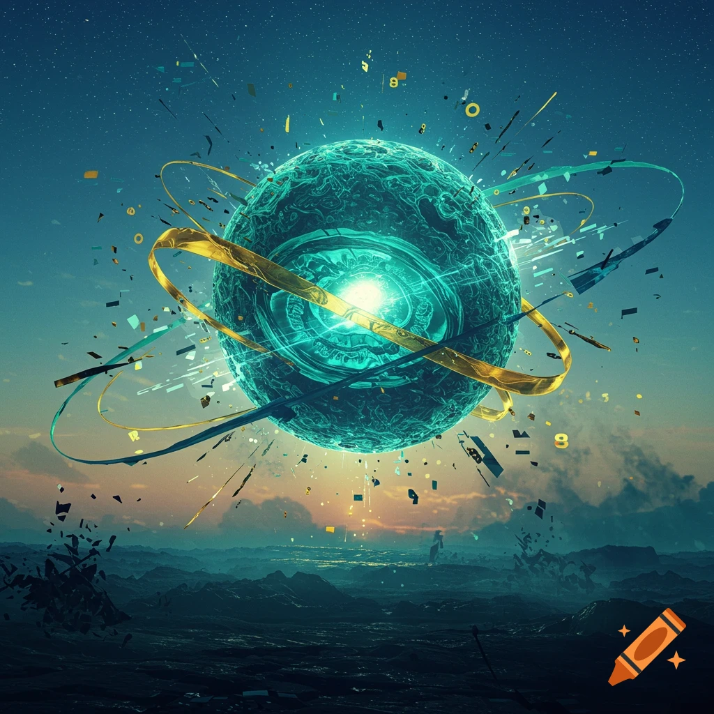 A vibrant, glowing blue-green orb with golden rings and scattered debris floats above a dark, misty landscape under a starry sky.