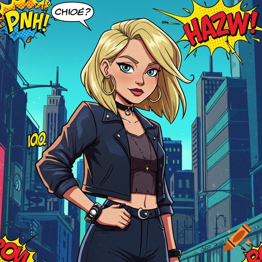 A blonde woman in a black leather jacket, crop top, and jeans stands confidently in a city with comic book speech bubbles. The art style is reminiscent of Spectacular Spider-Man.