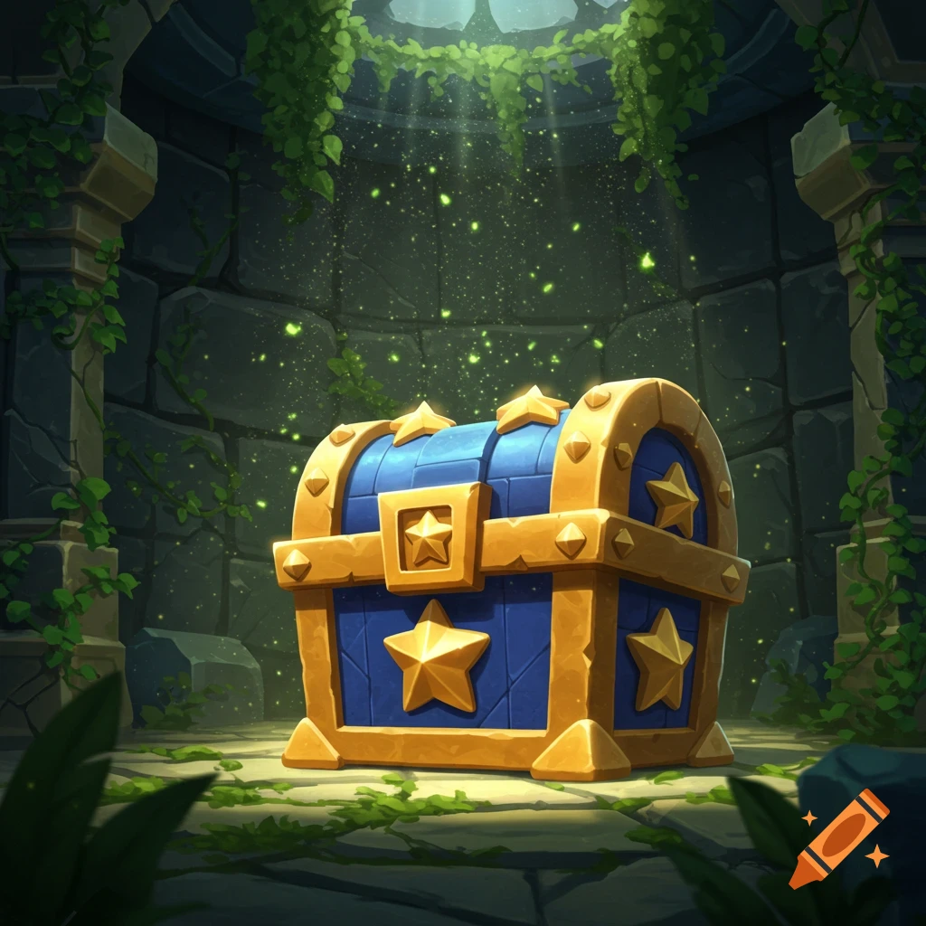 Stylized blue and gold treasure chest with stars glowing with green particles in an ancient, overgrown dungeon.