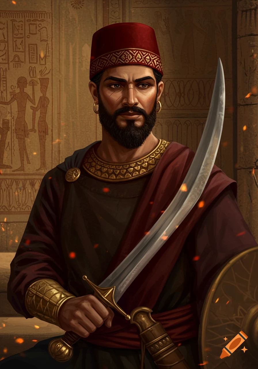 A realistic portrait of a bearded man in ancient attire, holding a khopesh sword, against a background of hieroglyphs.