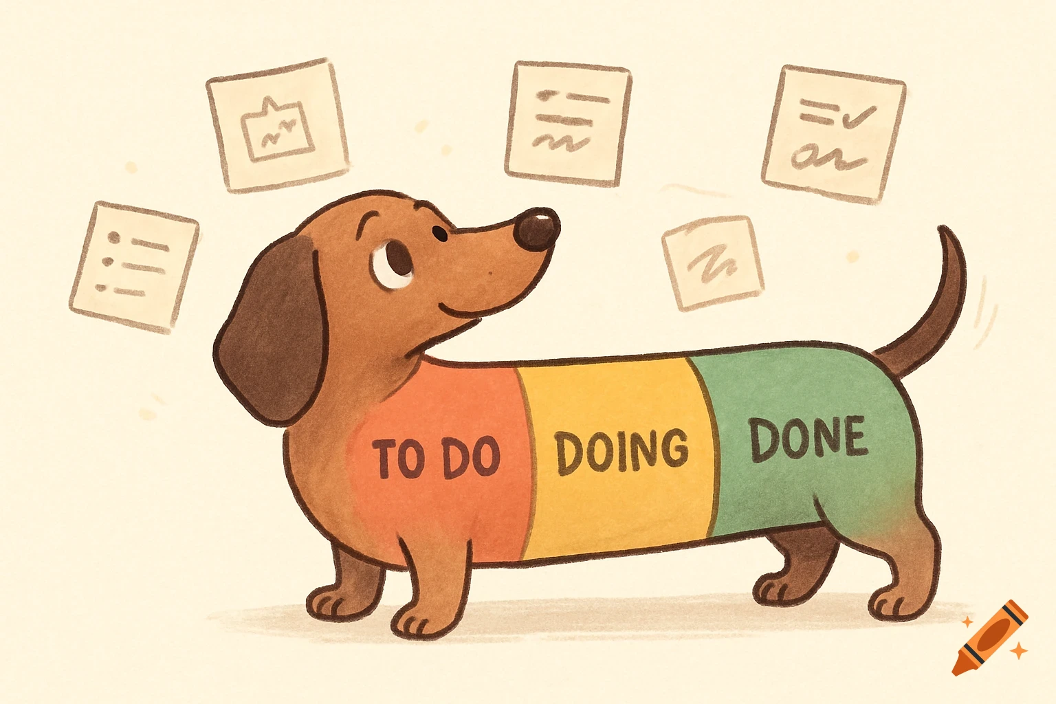 A cartoon dachshund with its body divided into three sections labeled 'TO DO', 'DOING', and 'DONE'. Blank notepads float nearby.