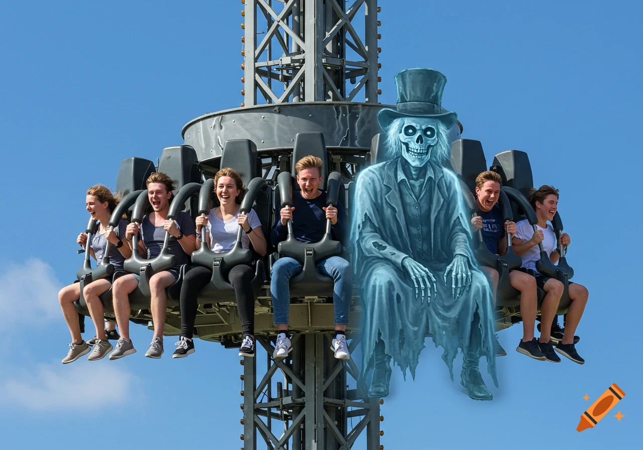 People on a drop tower ride with a transparent blue ghost in a top hat seated among them, against a blue sky.