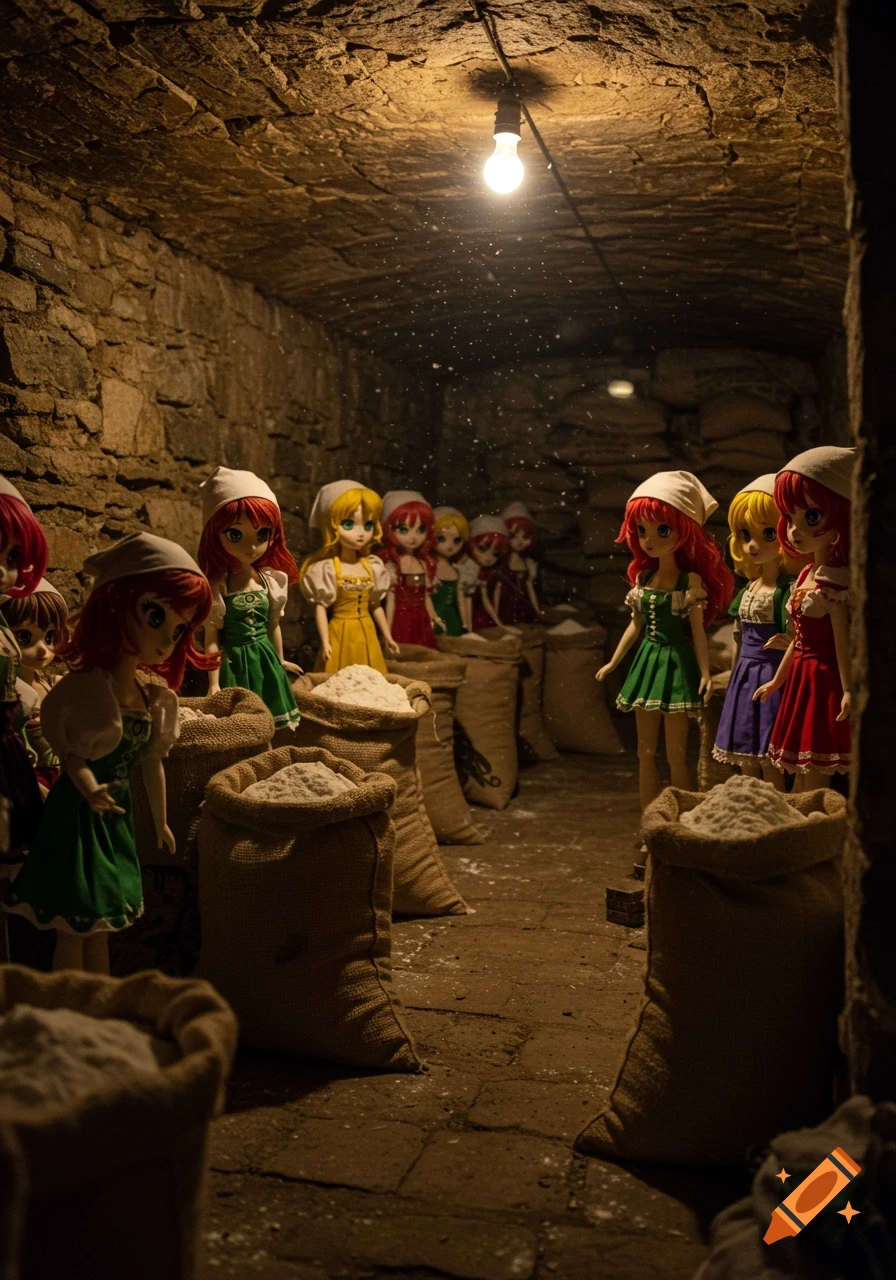 Anime dolls and bags of flour in a dimly lit stone cellar with dust motes in the air.
