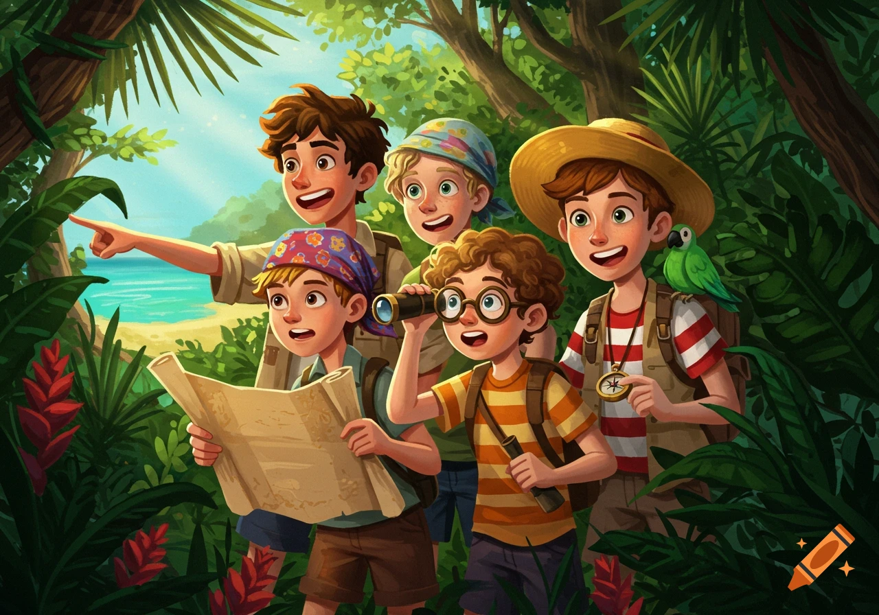 Five cartoon boys on a jungle adventure. One points, another uses binoculars, one holds a map. A beach and ocean are in the background.