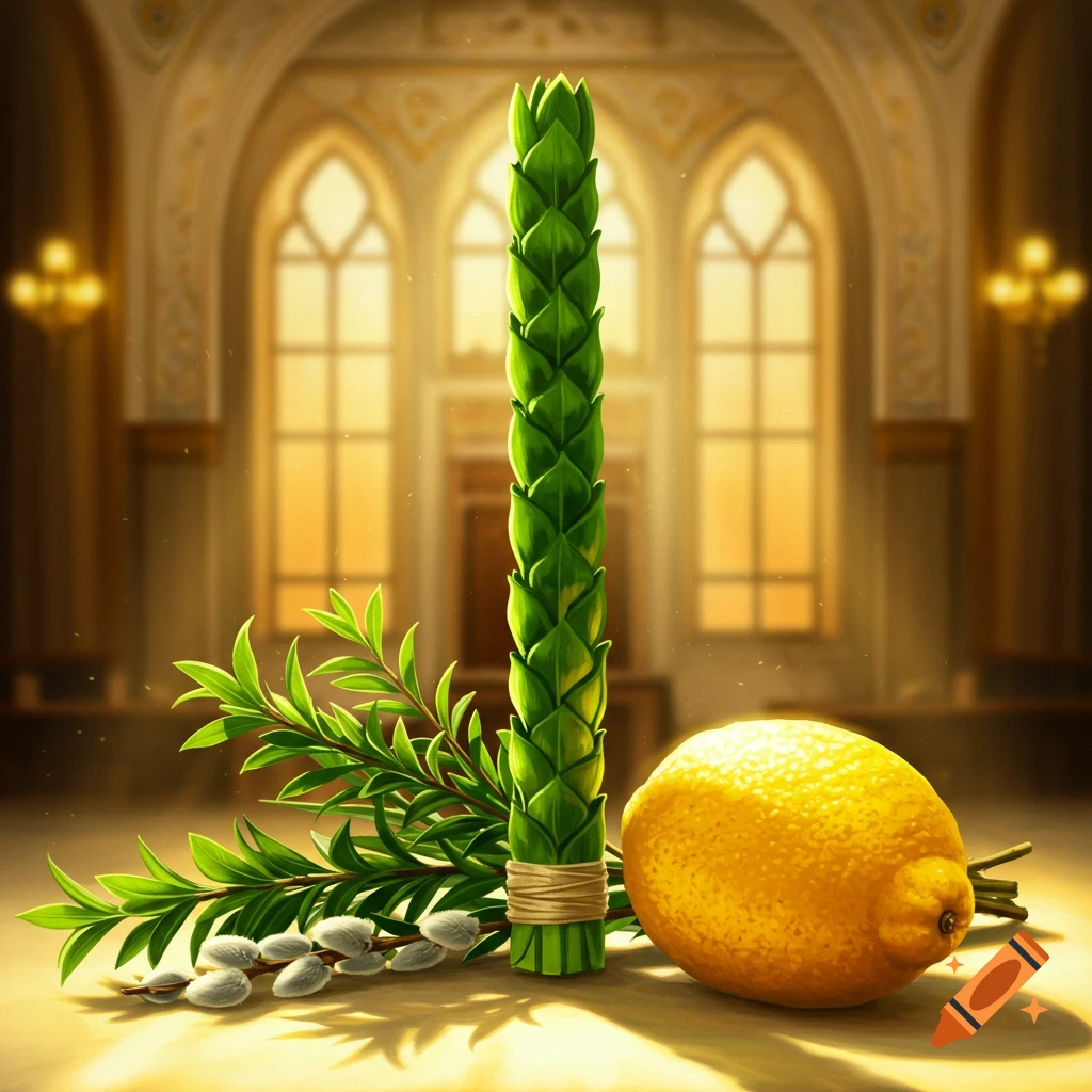 A green lulav bundle, yellow etrog, and green branches rest on a surface in an ornate hall, bathed in golden light.