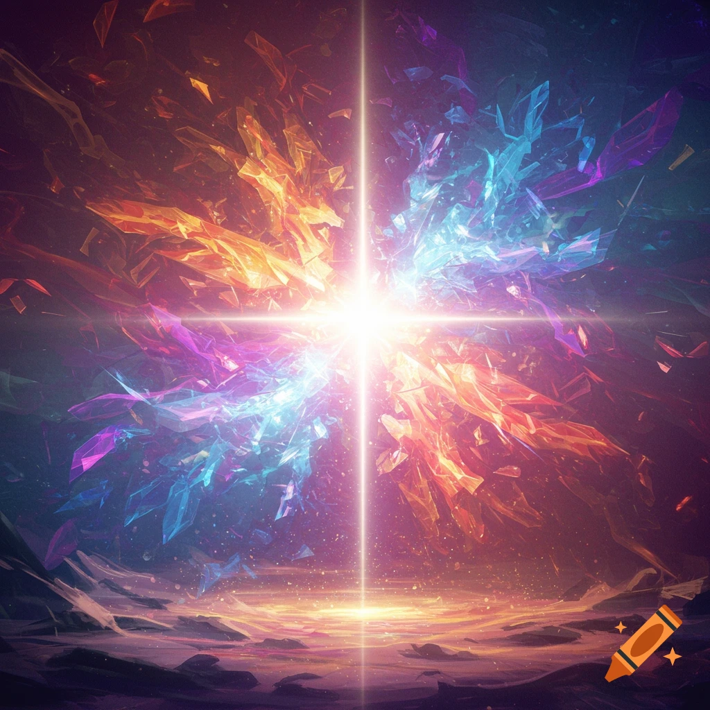 Bright central light explodes into colorful, geometric crystal shards against a dark, cosmic, abstract landscape.