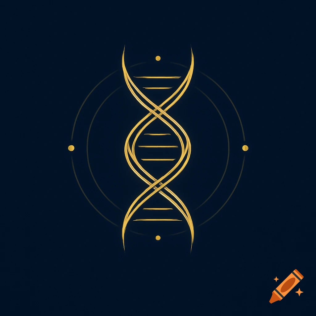 A minimalist gold DNA double helix logo on a deep blue background with faint aura rings.