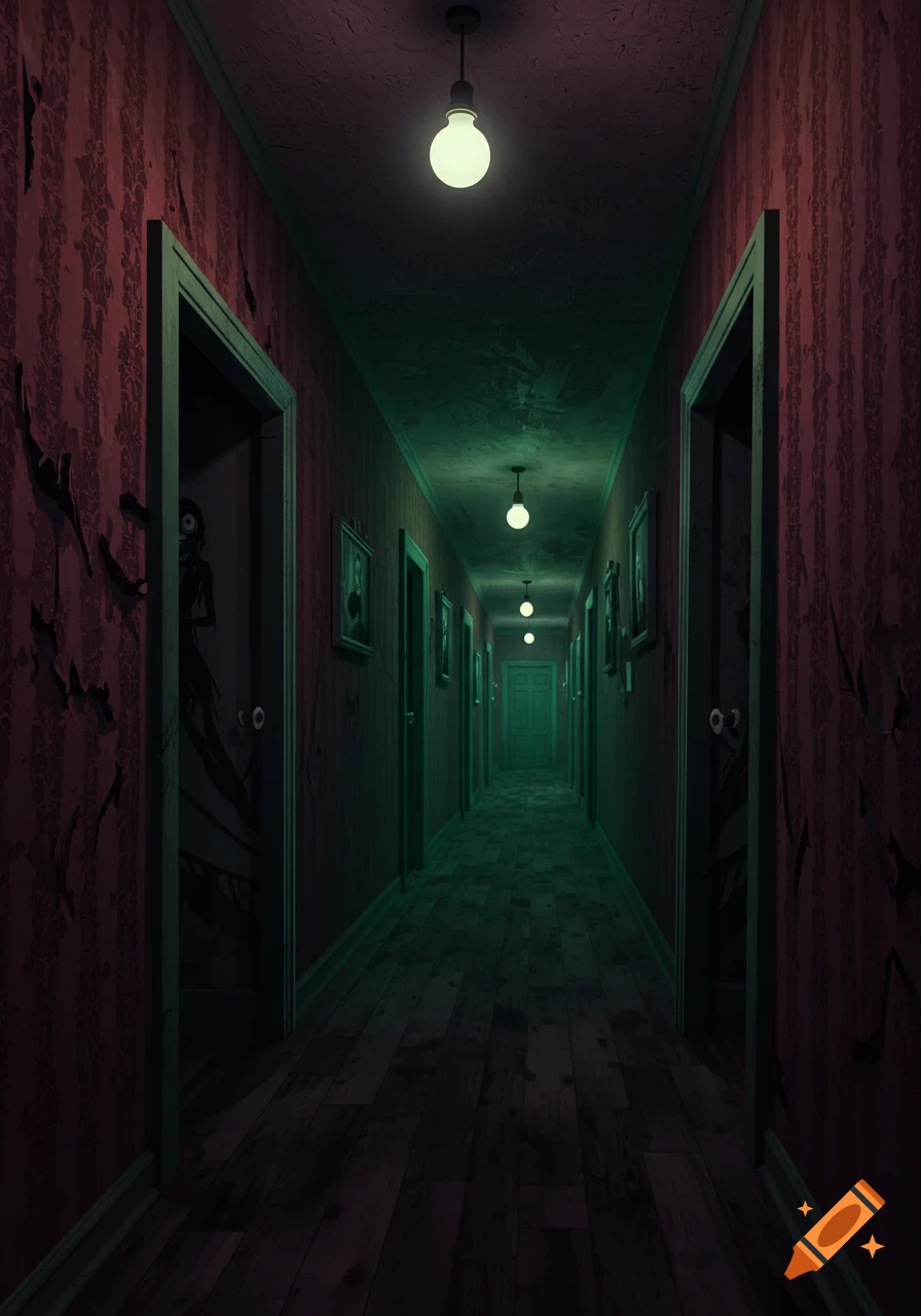 A long, creepy old hotel hallway in Tim Burton style, with peeling red wallpaper, dim lights, and shadowy figures peering from doorways.