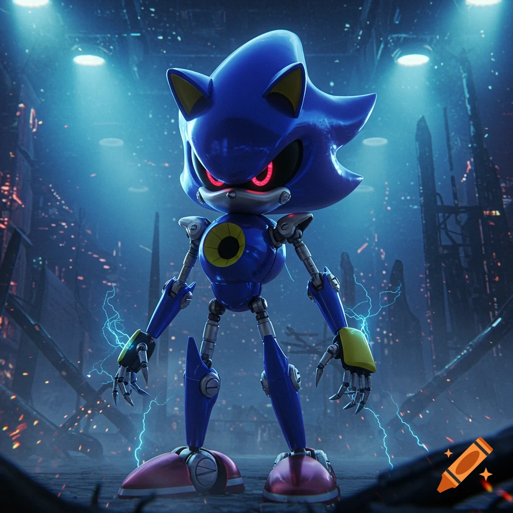A 3D render of Metal Sonic with glowing red eyes and electric sparks around his hands, standing in a dark, dystopian cityscape.