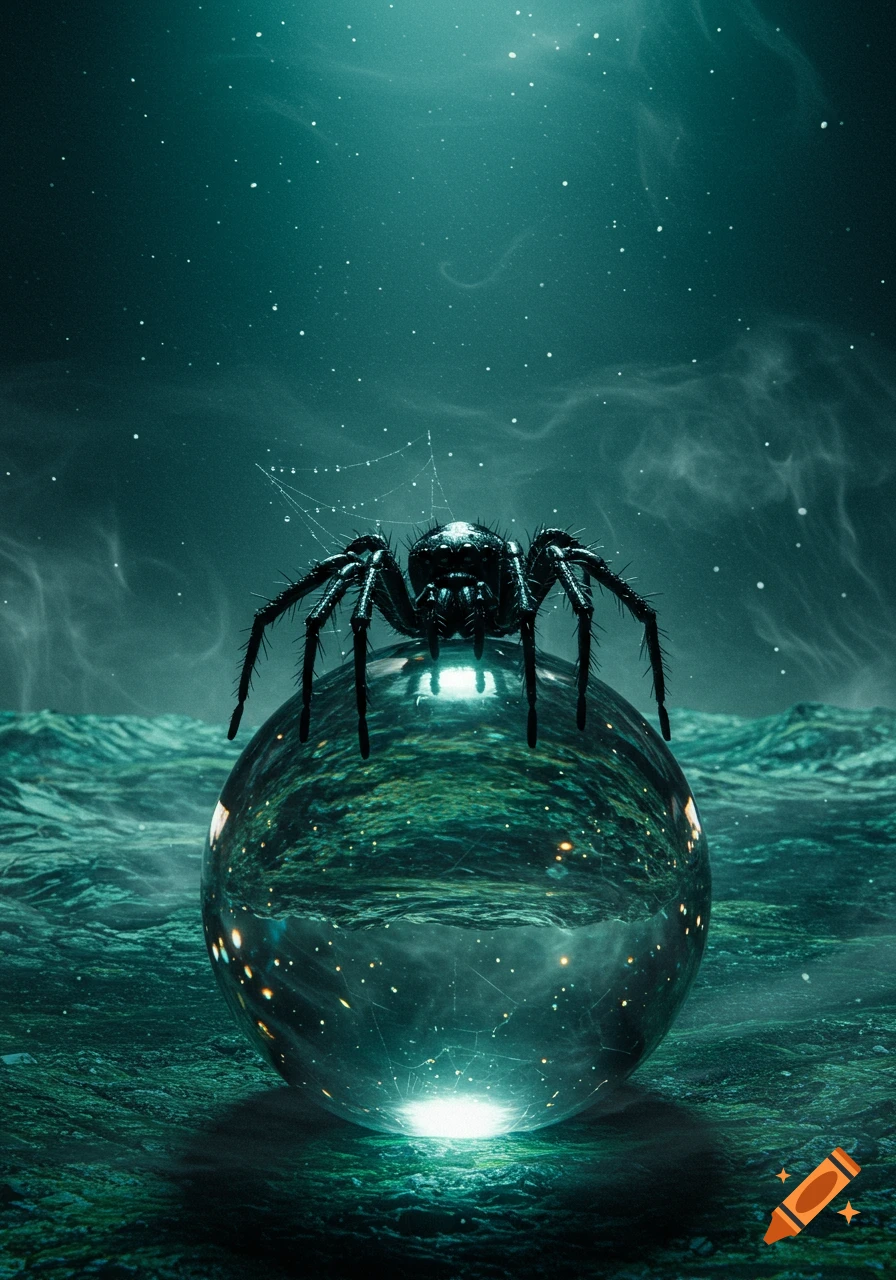 A large black spider perches on a glowing orb over a dark, textured green-blue surface under a starry teal sky in a dark fantasy style.