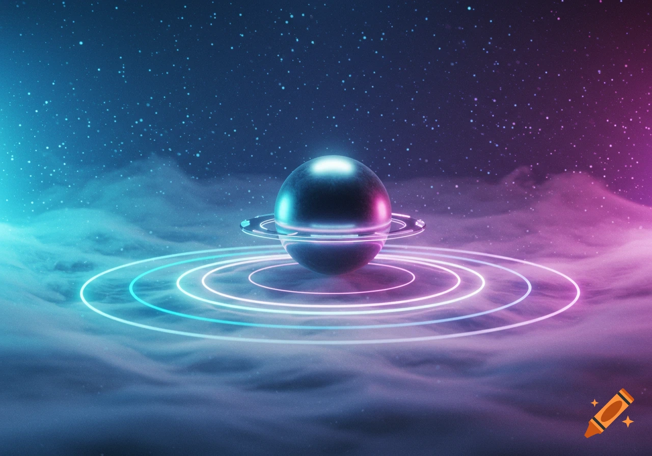 A glowing metallic sphere with rings sits amidst swirling blue and purple nebulae and stars in space.