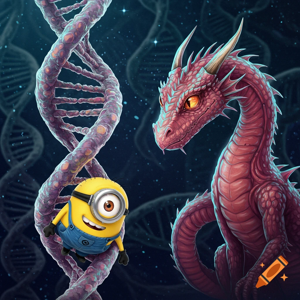 A Minion on a DNA helix faces a red dragon in a dark, science-fantasy digital illustration.
