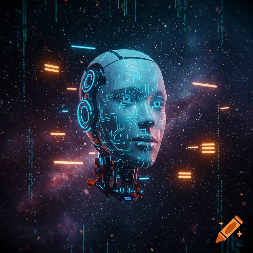 Close-up of a futuristic robot head with glowing blue circuits floating in starry deep space with orange and blue data streams.