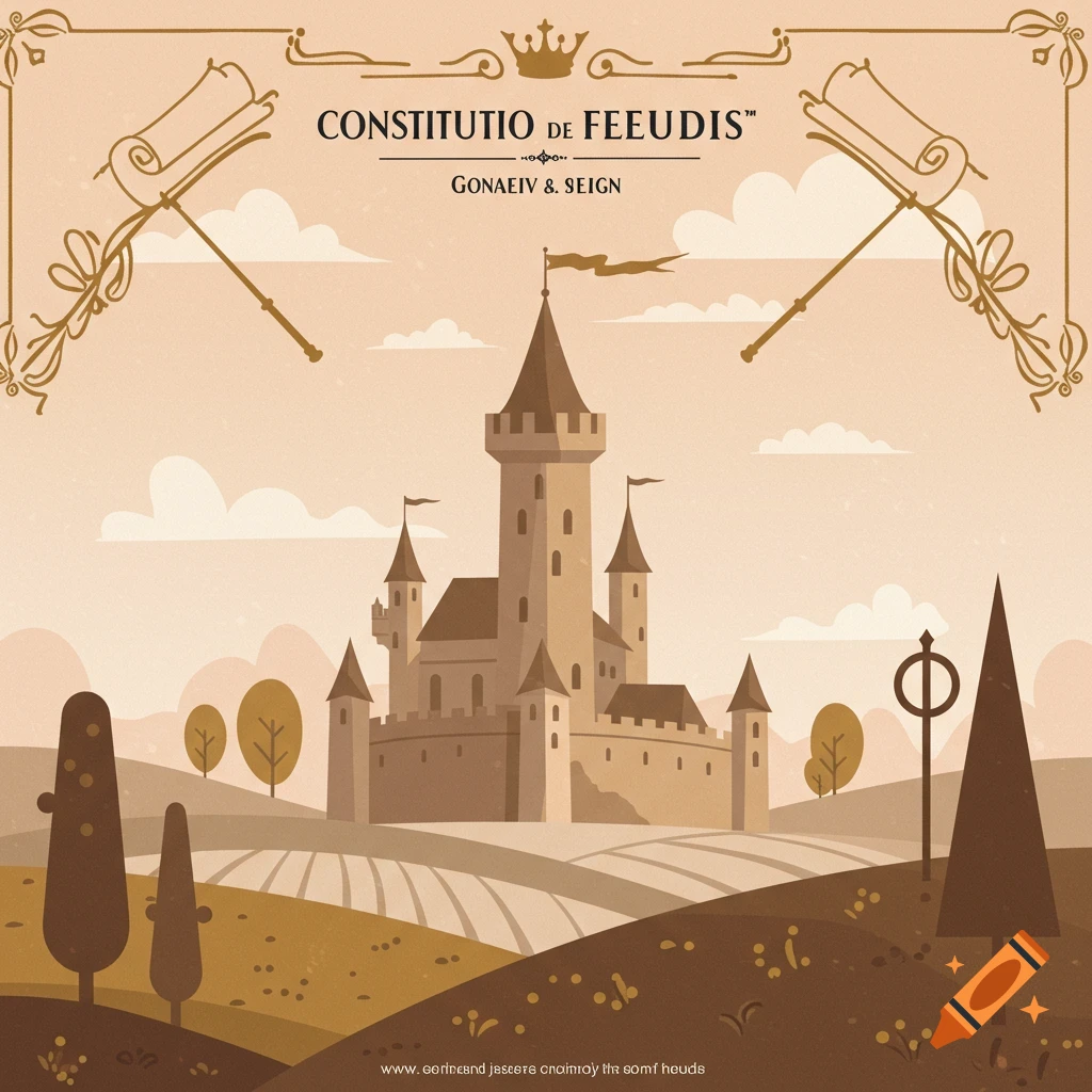 A stylized illustration of a castle on rolling hills with trees under a cloudy sky. Decorative scrolls, a crown, and text frame the top, with additional gibberish text at the bottom. The color palette is primarily warm browns and beige.