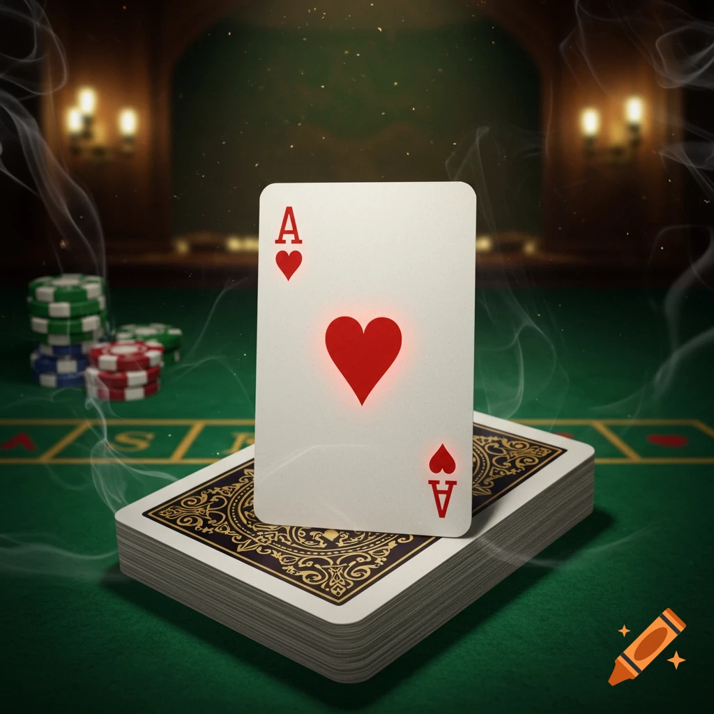 An ace of hearts playing card stands upright on a deck of cards on a green felt table in a dimly lit casino.