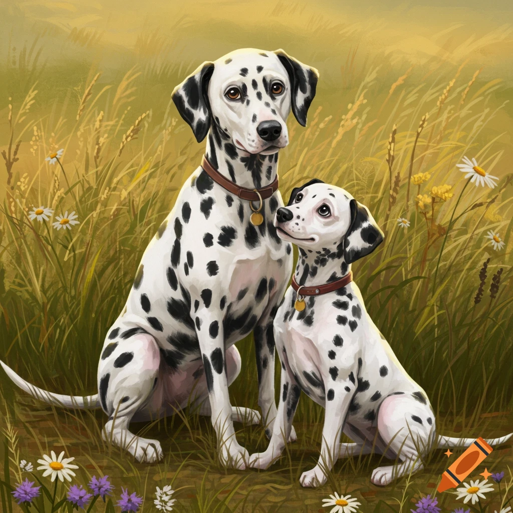 An illustration of an adult Dalmatian and a smaller Dalmatian puppy sitting in a field with tall grass and white and purple wildflowers.