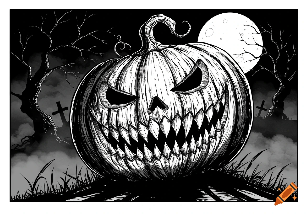Scary black and white line art drawing of a jagged-toothed jack-o'-lantern in a foggy graveyard under a full moon.