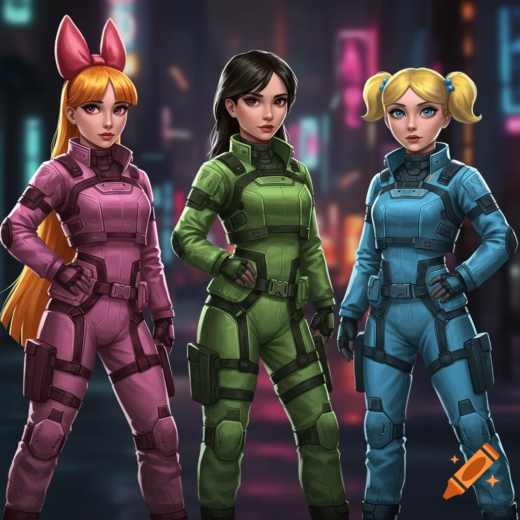 Three women resembling Powerpuff Girls in pink, green, and blue tactical suits stand against a blurred neon city background.