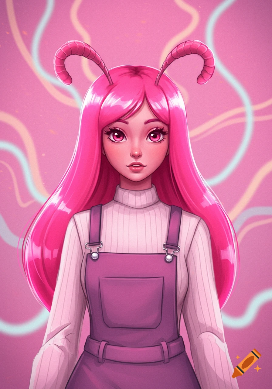 A cartoon girl with long hot pink hair and pink antennae, wearing a white turtleneck and purple overall dress, against a wavy pink background.