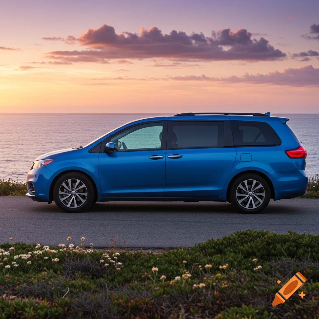 A blue minivan is parked on a coastal road overlooking the ocean at sunset, with purple and orange clouds.