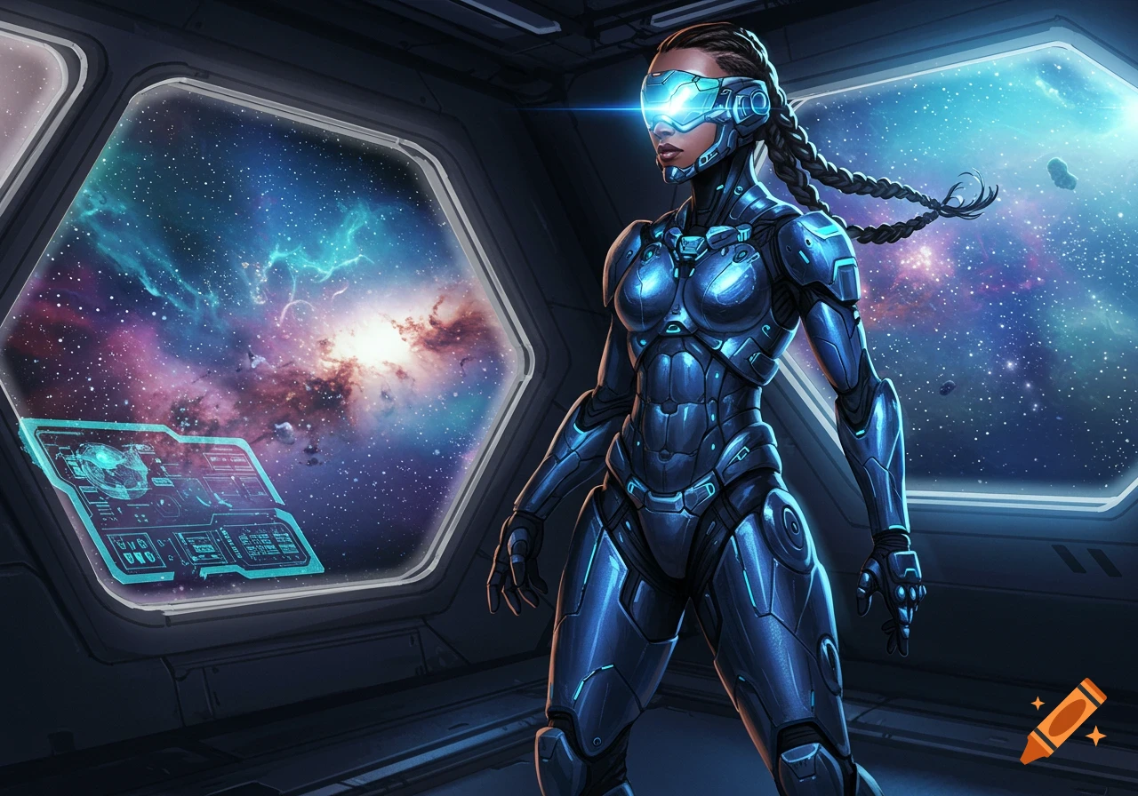 A female sci-fi marine in a blue armored suit stands on a spaceship, looking out at a colorful nebula in space through a window.