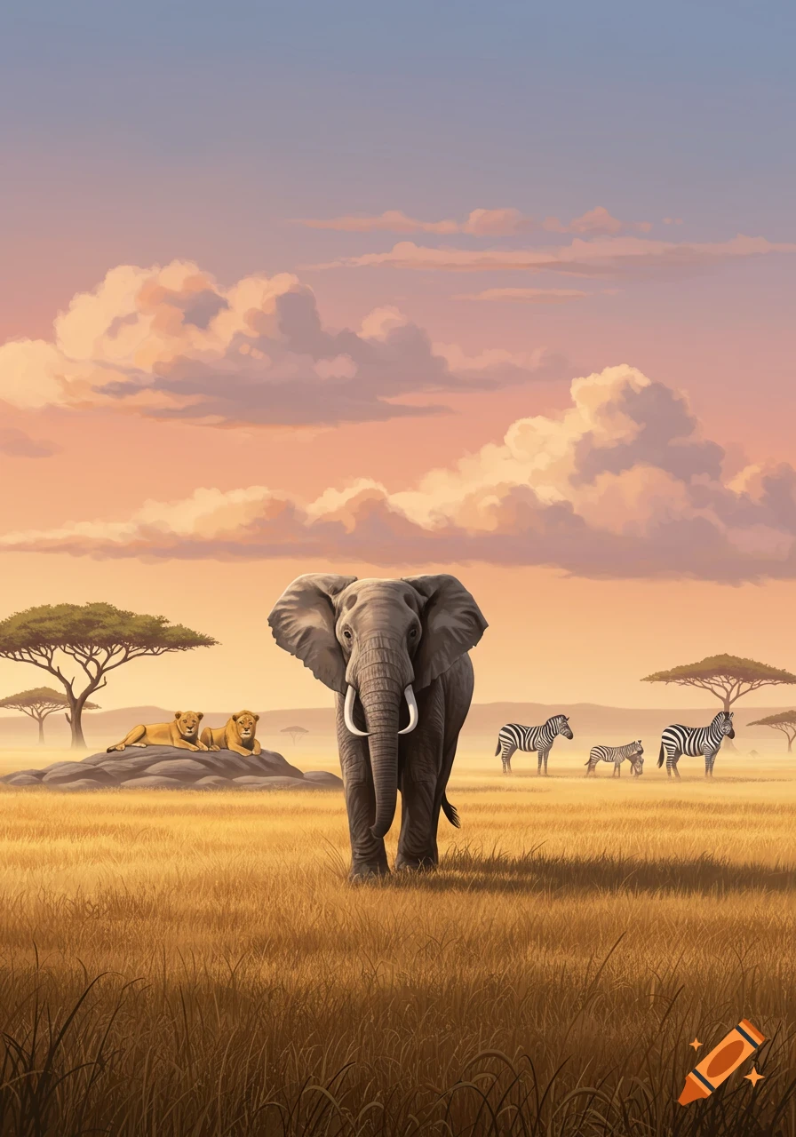 An elephant, two lions, and several zebras in a golden savanna landscape under a vibrant sunset sky, in a painted style.