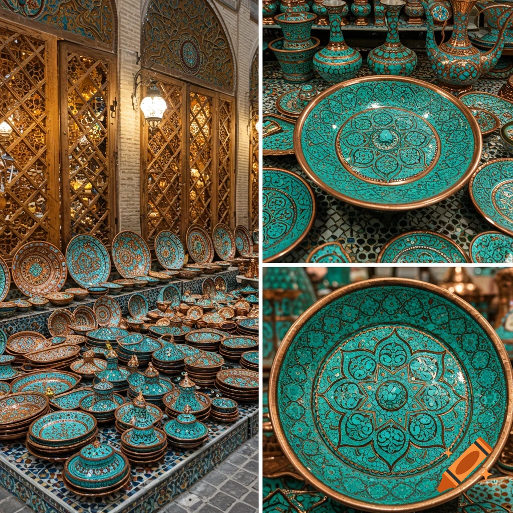 Vibrant display of turquoise-inlaid copper dishes and vases in a traditional Persian bazaar, with ornate wooden screens.