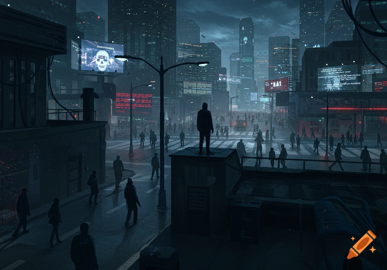 A lone figure stands on a box overlooking a crowded, dark, rainy cyberpunk city street filled with tall buildings and glowing signs.