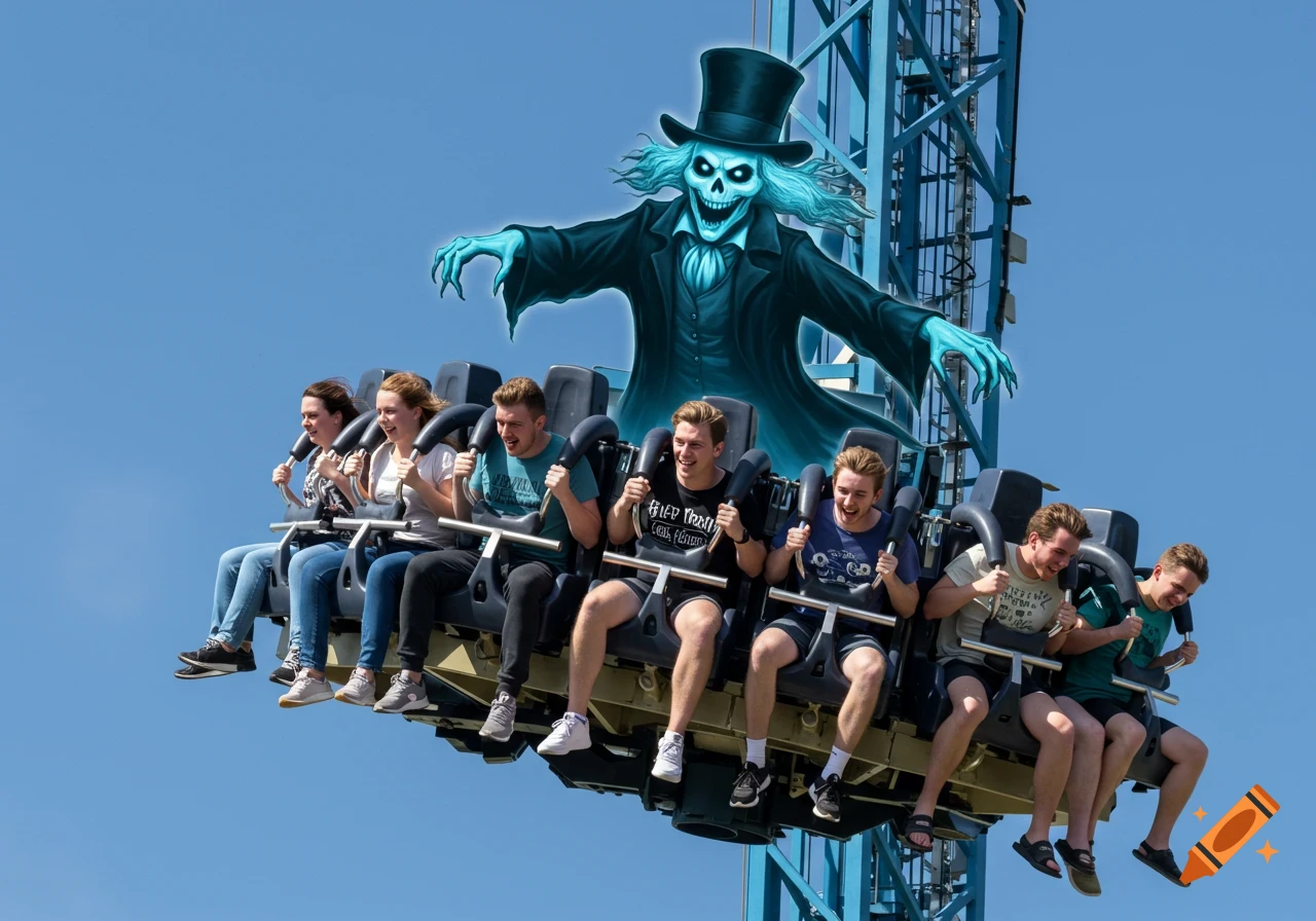 People scream on a rollercoaster ride, with a large, glowing blue ghost in a top hat appearing behind them.