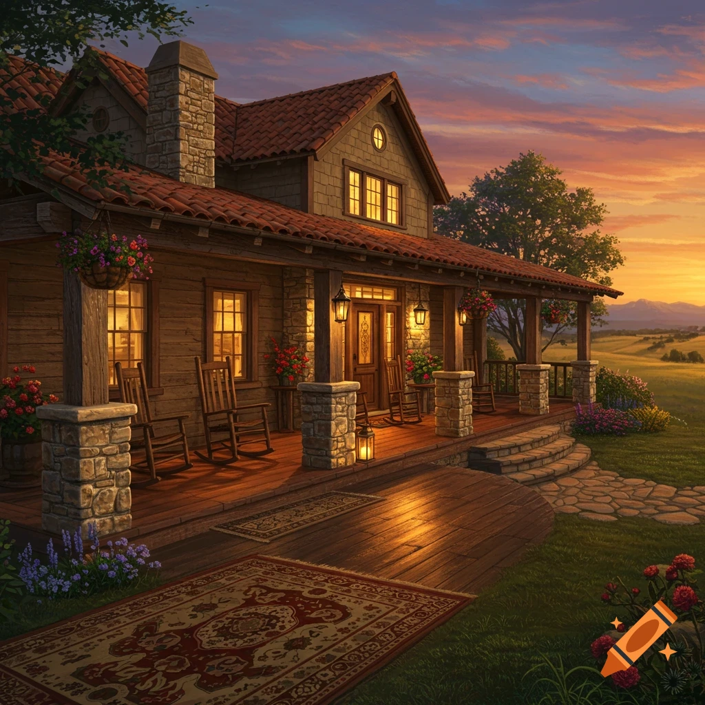 A rustic wooden house with a wrap-around porch and glowing windows at sunset. Rocking chairs, flowers, and rugs adorn the porch, set in a vibrant green landscape under a colorful sky.