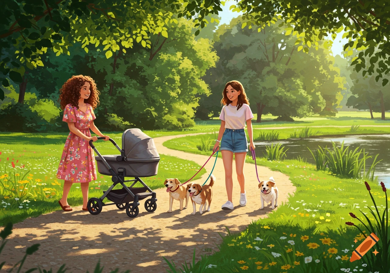 Illustration of two women in a sunny park, one pushing a stroller, the other walking three dogs.