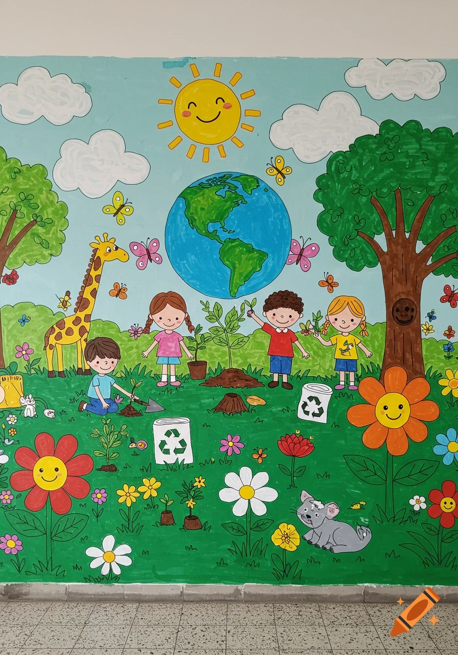 Colorful cartoon school mural showing children planting trees, flowers, Earth, sun, giraffe, butterflies, and recycling bins.