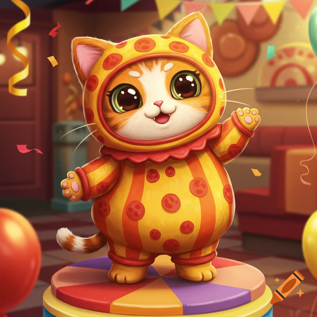 Cute cartoon cat character in a yellow and orange polka dot and striped costume, standing on a colorful platform with confetti.