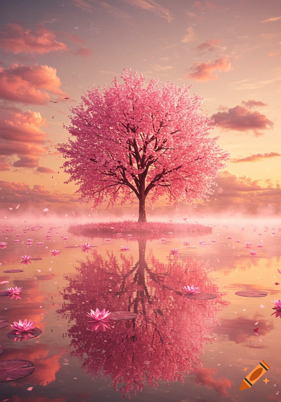 A vibrant pink cherry blossom tree on a small island reflected in tranquil water filled with pink water lilies under a soft sunset sky.