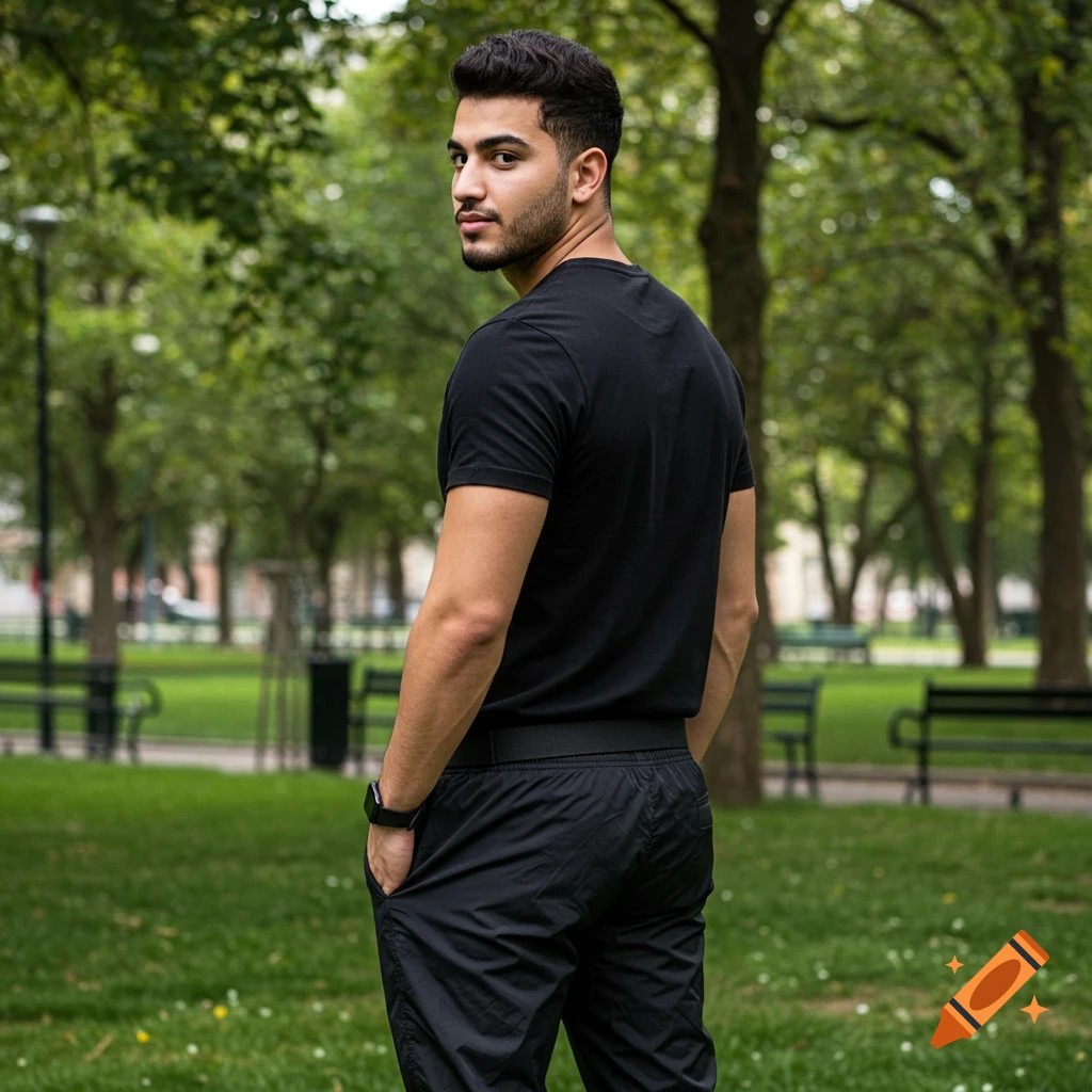 A young man in a black t-shirt and jogging pants looks over his shoulder in a sunny urban park. Photorealistic.