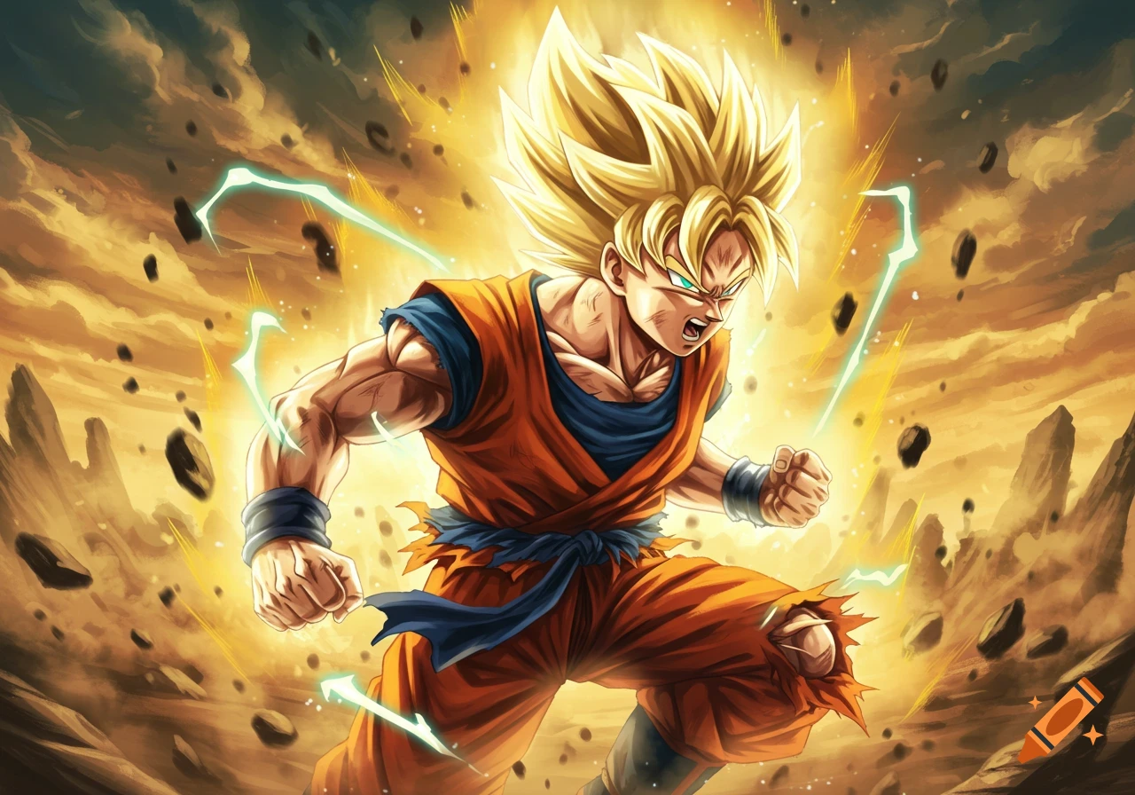 Vibrant anime illustration of Goku in Super Saiyan form, powering up with a golden aura and flying debris.
