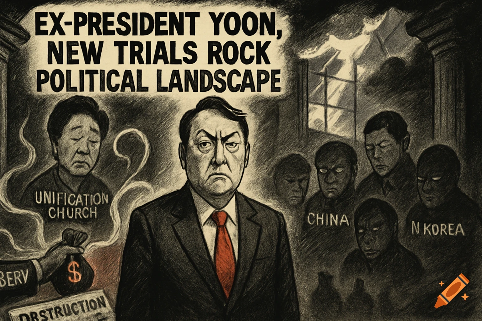 A political cartoon depicting Ex-President Yoon with a stern expression, surrounded by shadowy figures labeled 'China' and 'N Korea', and a ghost-like figure labeled 'Unification Church' with a hand exchanging money marked 'obstruction'.